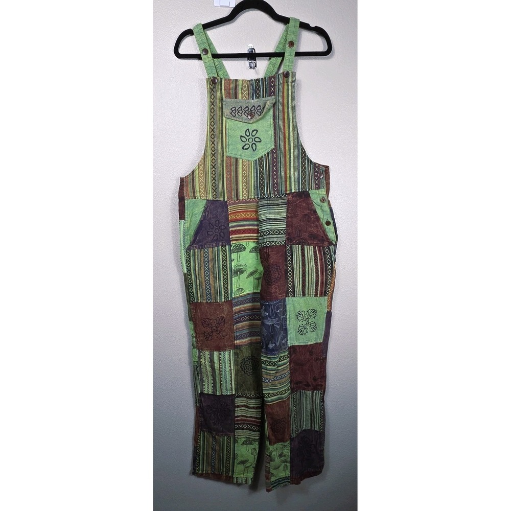 Patchwork Boho Festival Overalls Wide Leg Cotton Dungarees Green OSPatchwork...